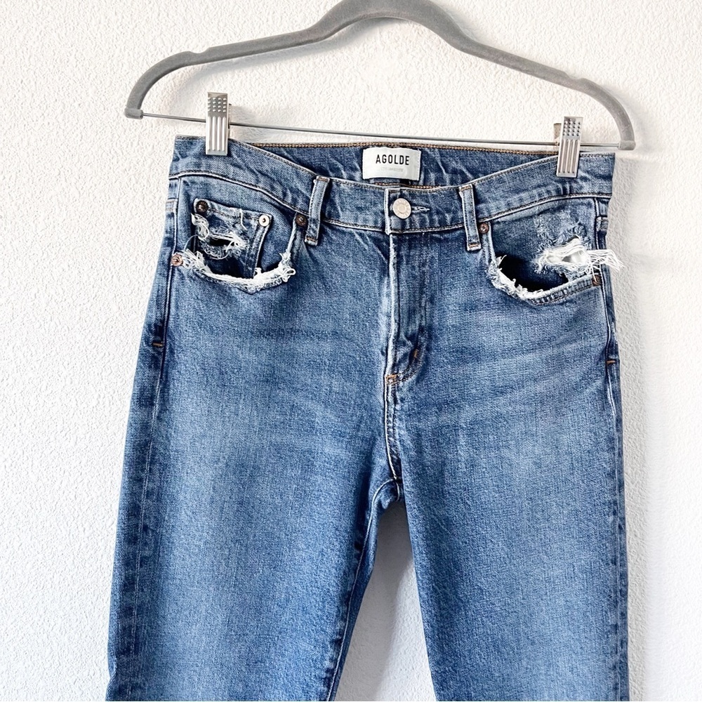 AGOLDE Toni Mid Rise Straight Leg Jeans Viewpoint Wash Distressed Denim - Picture 3 of 8